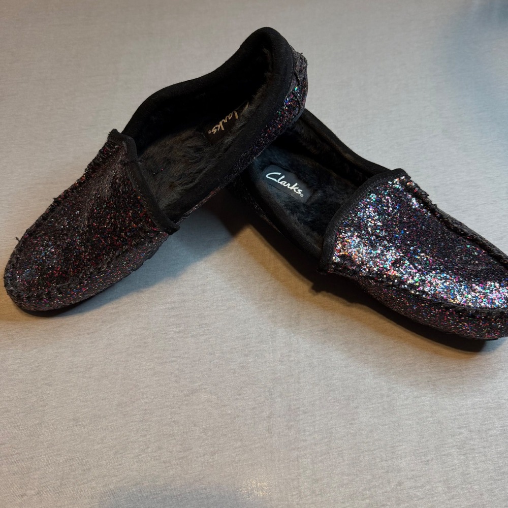 Clarks Womens Multi Color Glitter Faux Fur Lined Moccasin Slippers 8M
